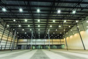 LED High Bay units installed in a warehouse